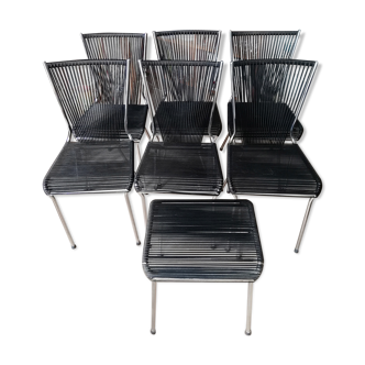 Suite de 6 Chaises et 1 tabouret scoubidou André MONPOIX 1960