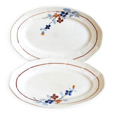 2 plats Sarreguemines vintage, plats de service de table décor floral mains