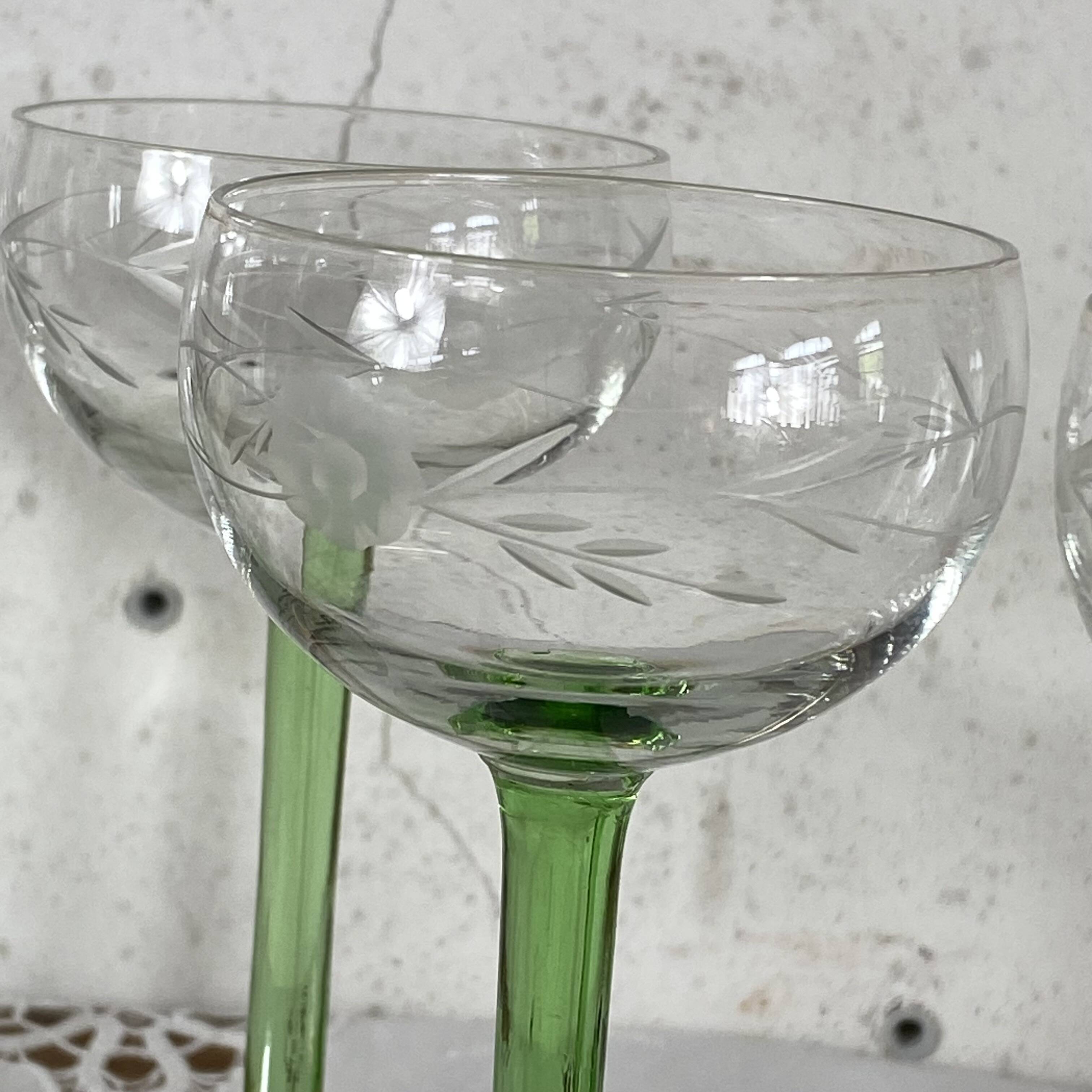6 Alsace green footed crystal wine glasses engraved