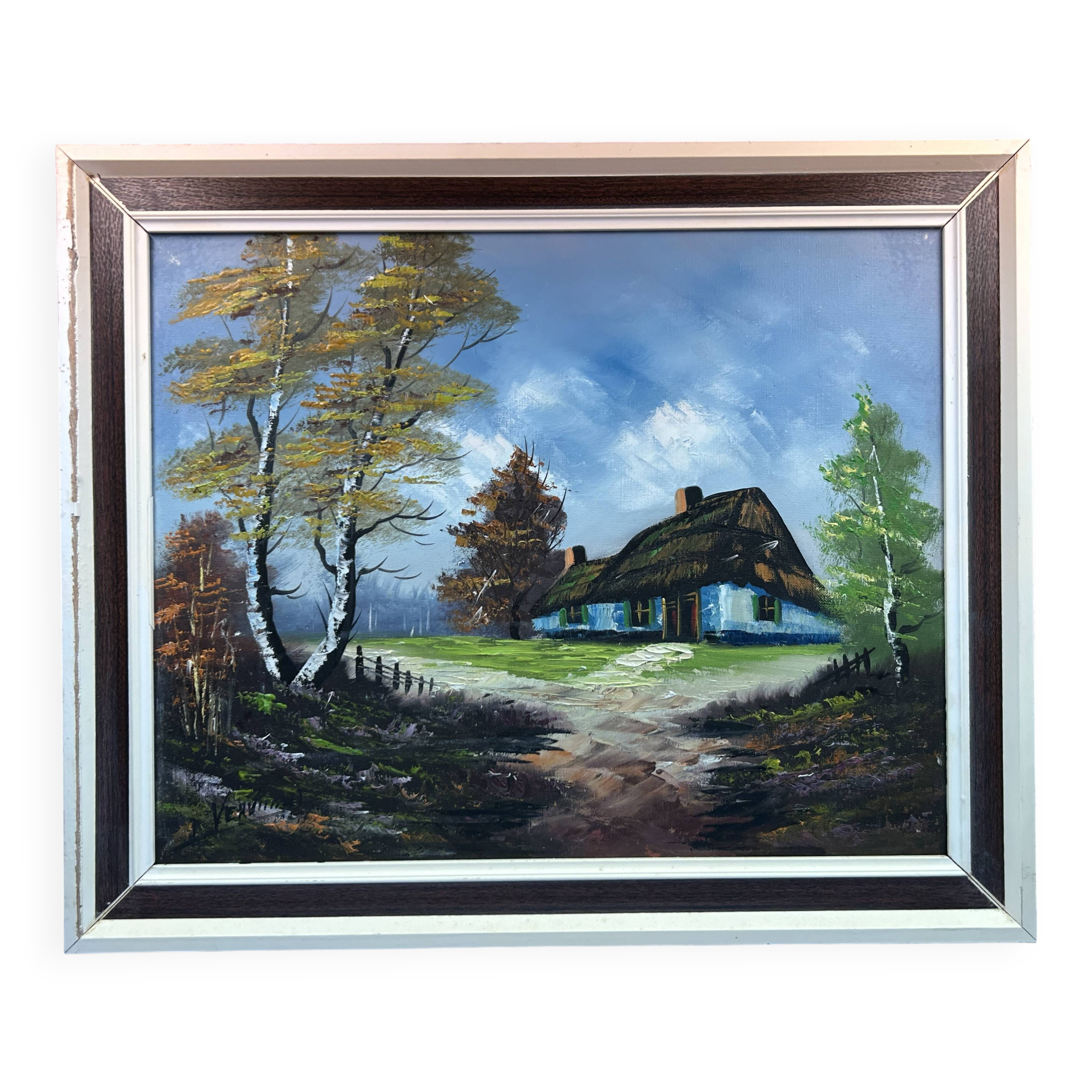Oil on canvas "Brière, thatched cottage" signature to be identified