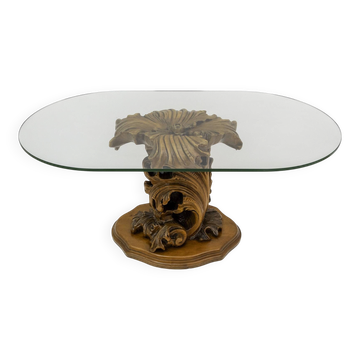 Table italienne moderne du milieu du siècle avec base en bois sculpté et grandes boucles et feuilles