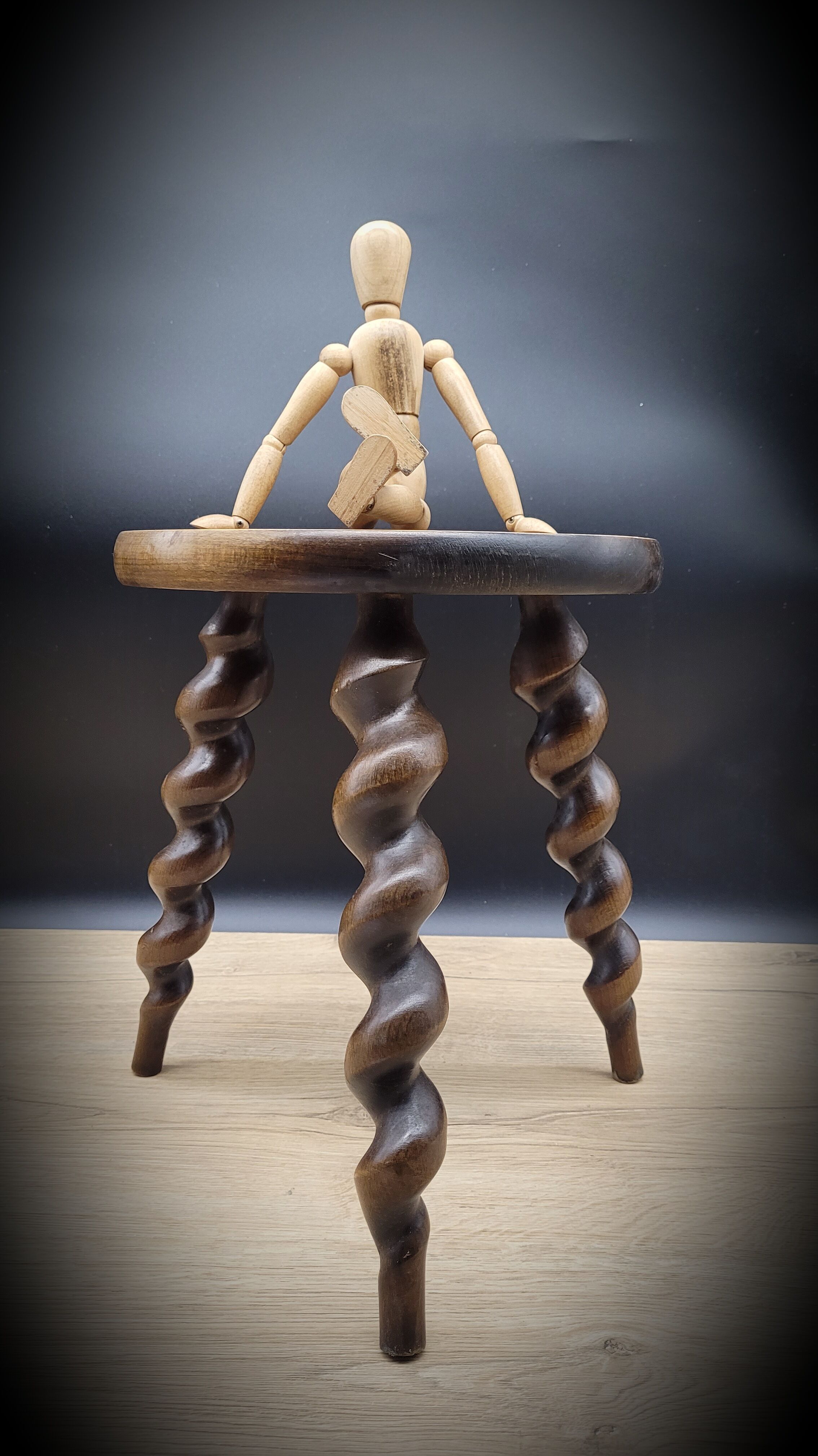 Turned wood tripod stool