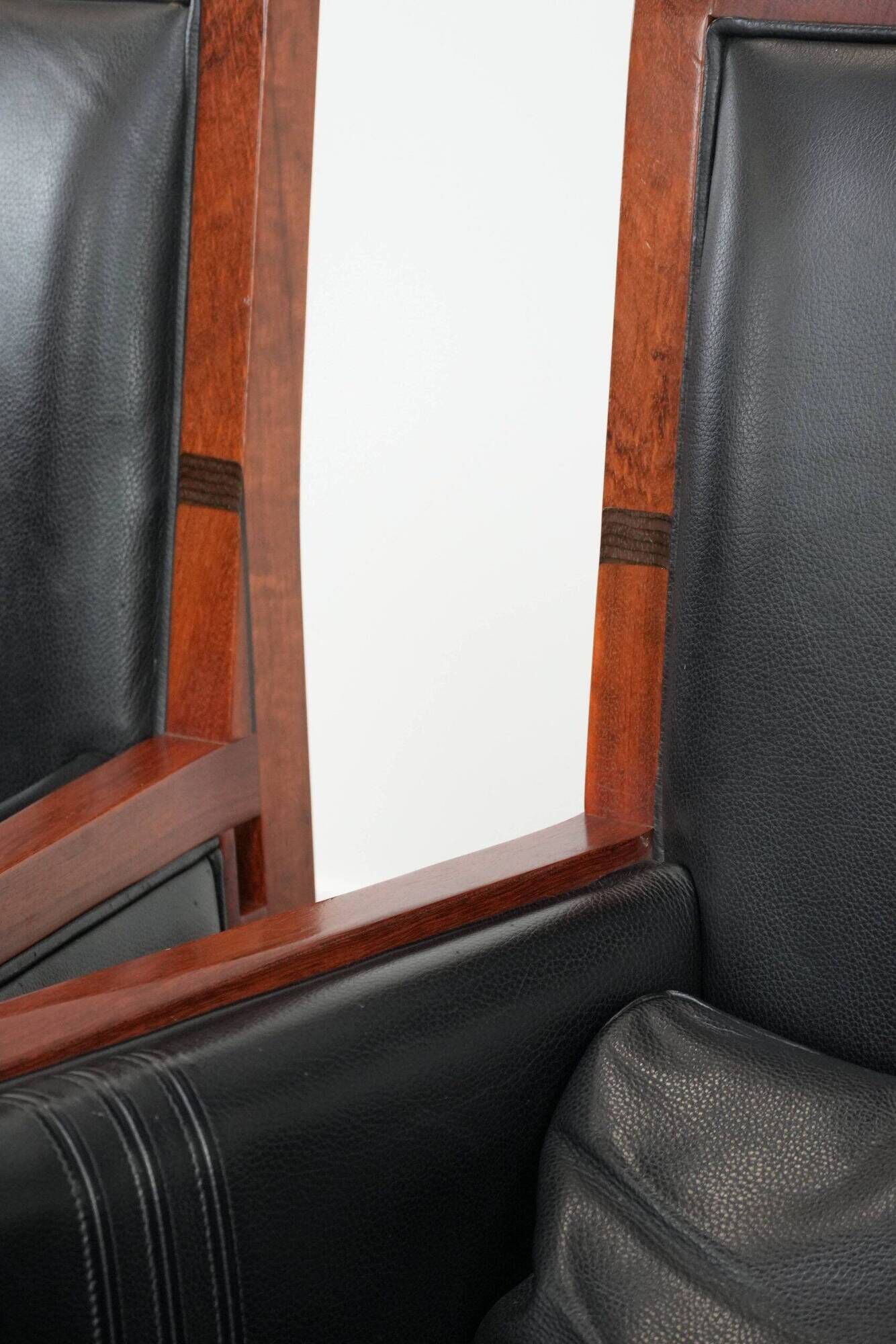 Beautiful set of 2 black cow leather Art Deco design armchairs with high back