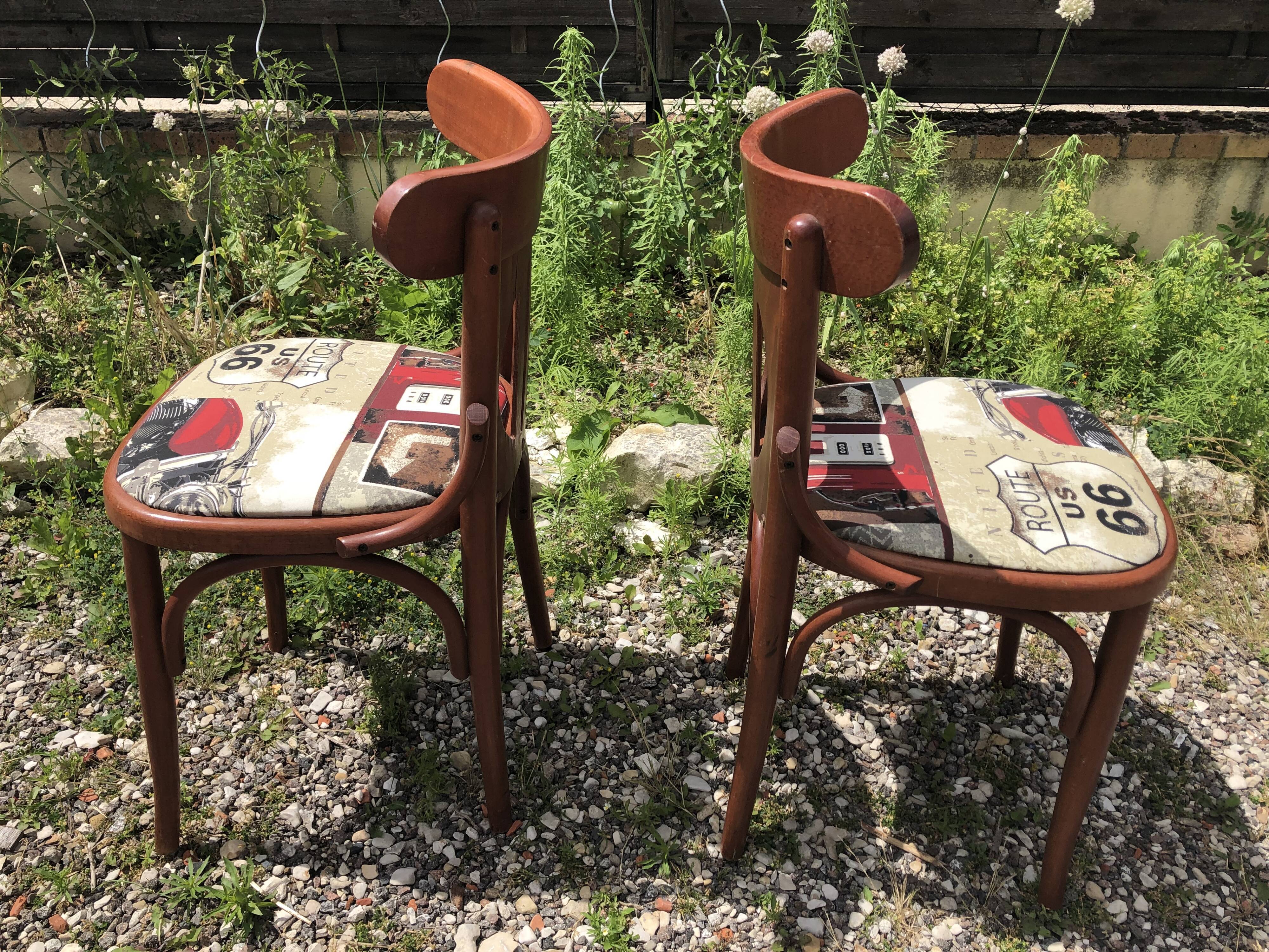 Pair of vintage bentwood chair + route 66 fabric seat