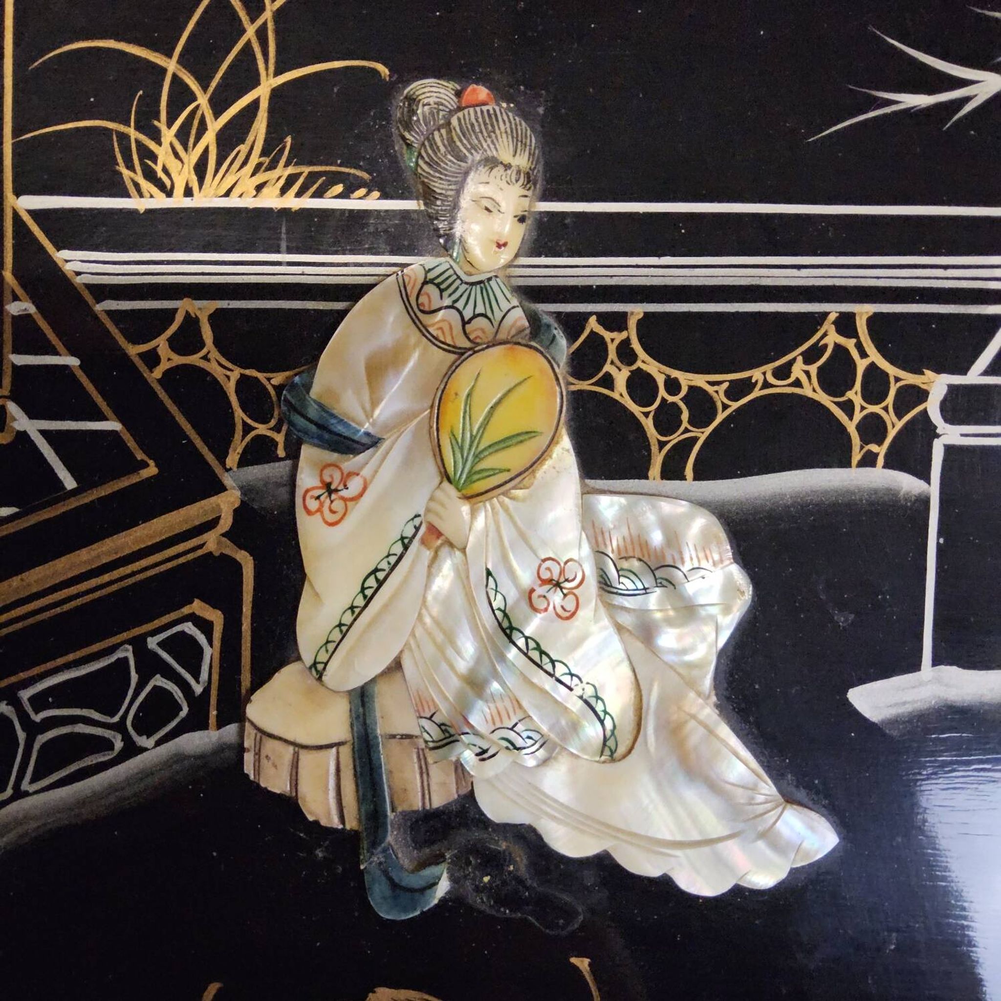 Vintage Chinese lacquer secretary desk with mother-of-pearl