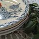 Six dinner plates don't match in red and blue