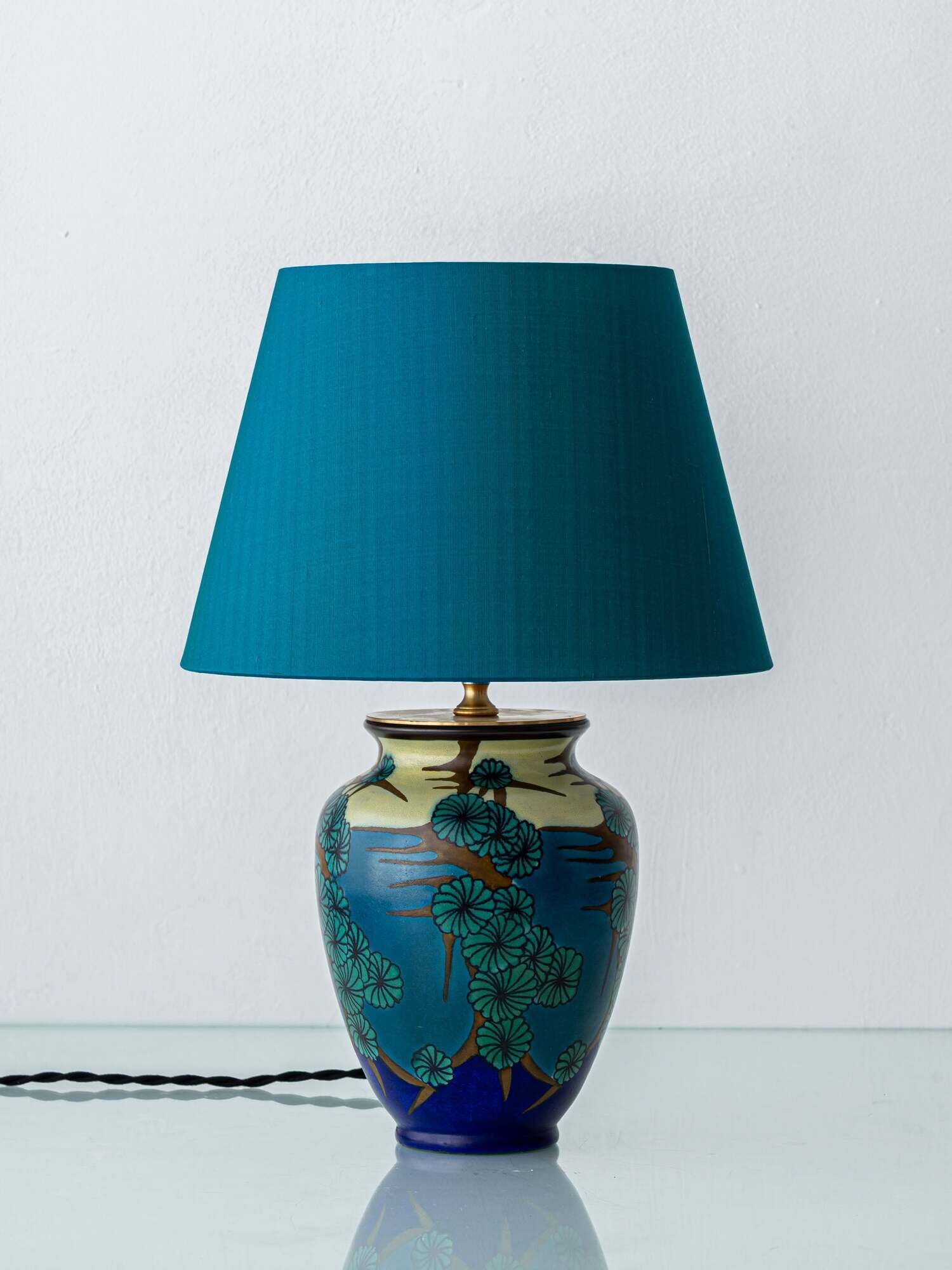 Art Deco Ceramic Table Lamp by PZH Gouda, 1928, with New Dupion Silk Shade