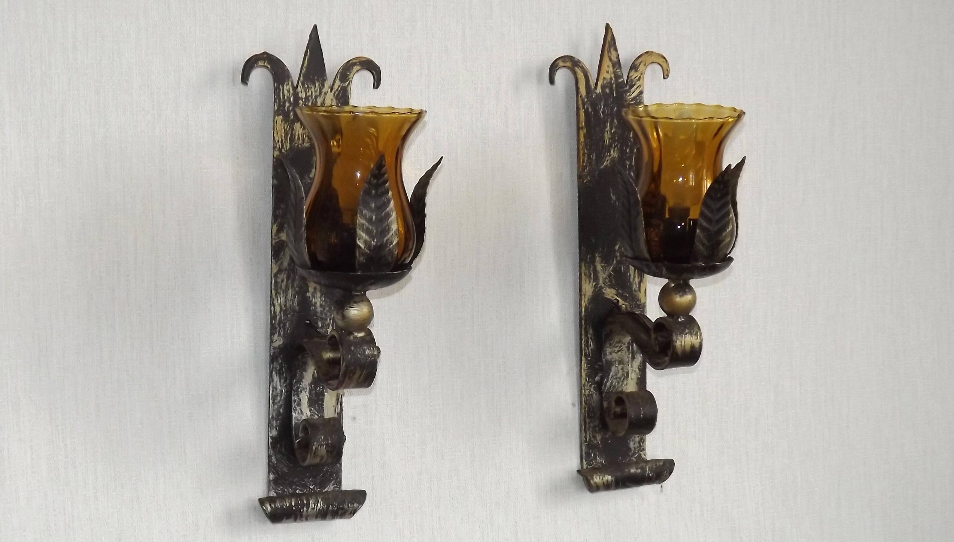 Pair Hand Forged Wrought Iron Medieval Style Wall Lights Amber Glass Shades