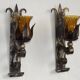 Pair Hand Forged Wrought Iron Medieval Style Wall Lights Amber Glass Shades