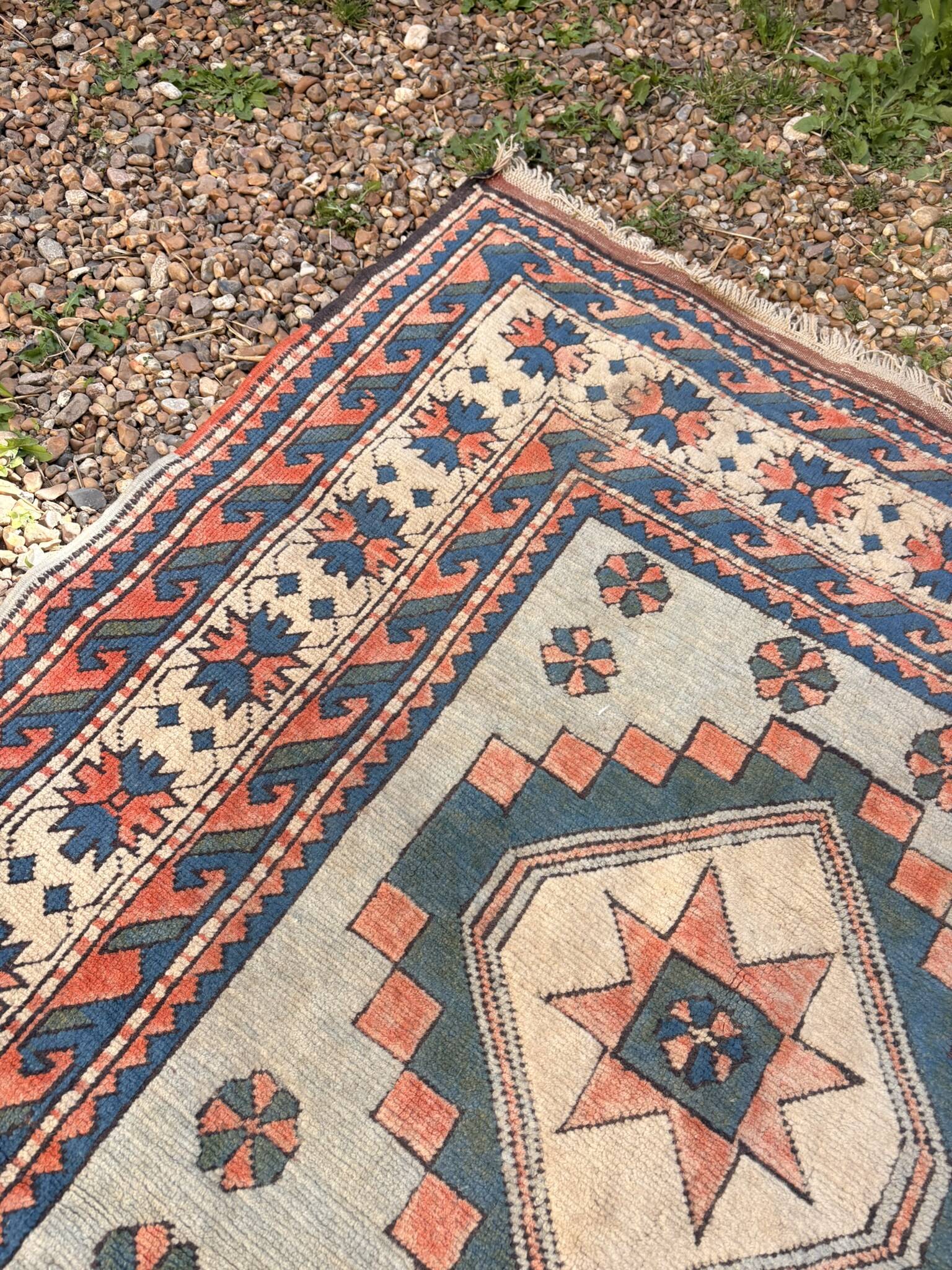 Antique Kazak Caucasian Carpet Wool 200x120 Vintage Blue Oriental Carpet 1900