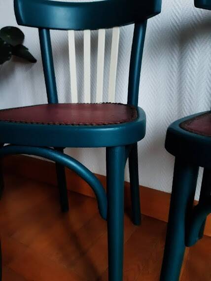 Pair of vintage emerald green bistro wooden chairs