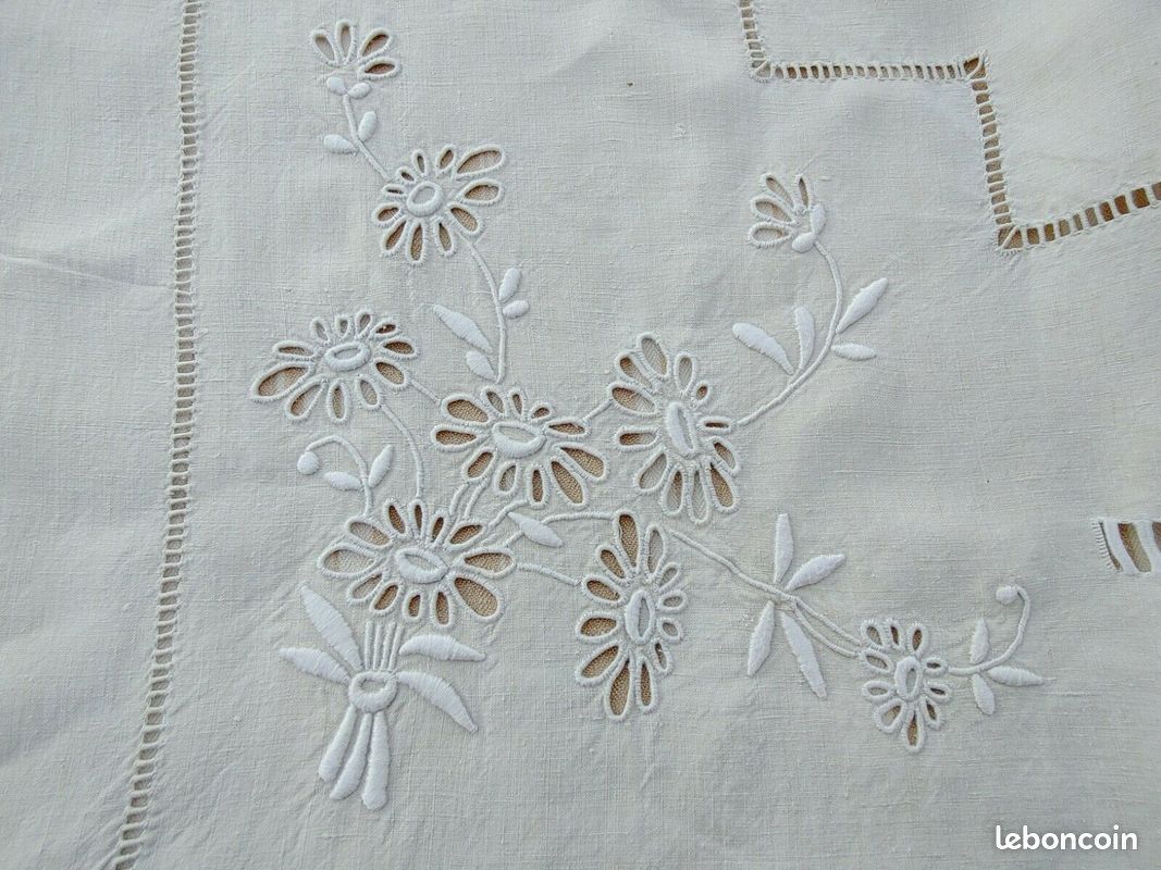 old sheet flowers embroidered hand linen canvas ecru large returns 220 x 285 cm