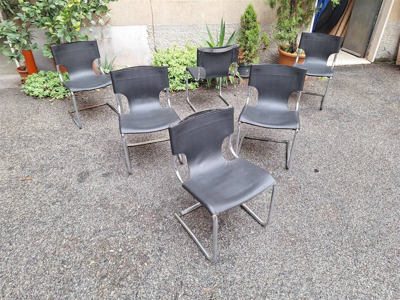 Model 920 Chairs in Chrome and Black Leather by Carlo Bartoli for T70, 1970s, Set of 6