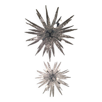 Set of 2 Murano Glass Ice Clear Sputnik Italian Chandelier