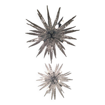 Set of 2 Murano Glass Ice Clear Sputnik Italian Chandelier