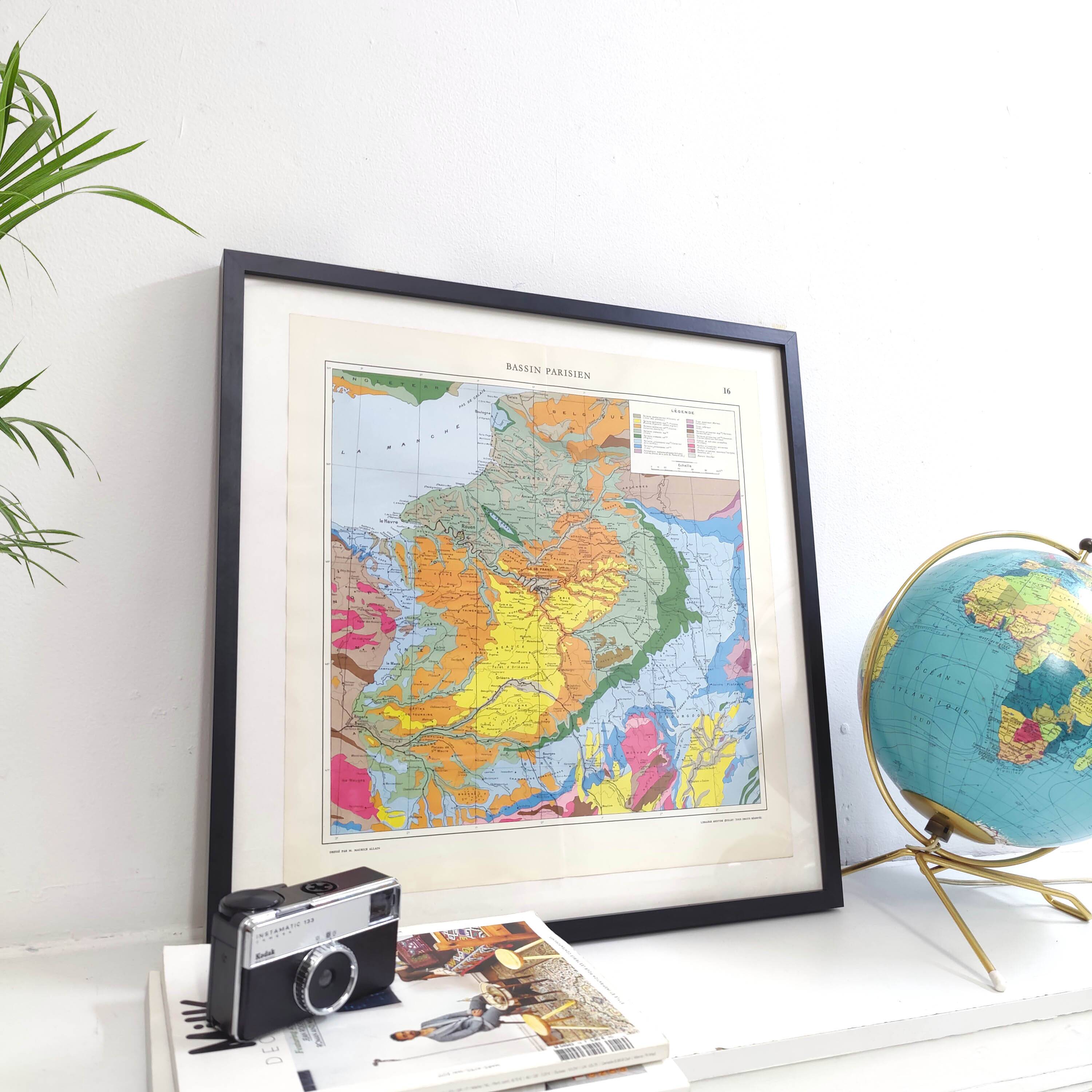 Old map of France Paris basin 43x43cm from 1950