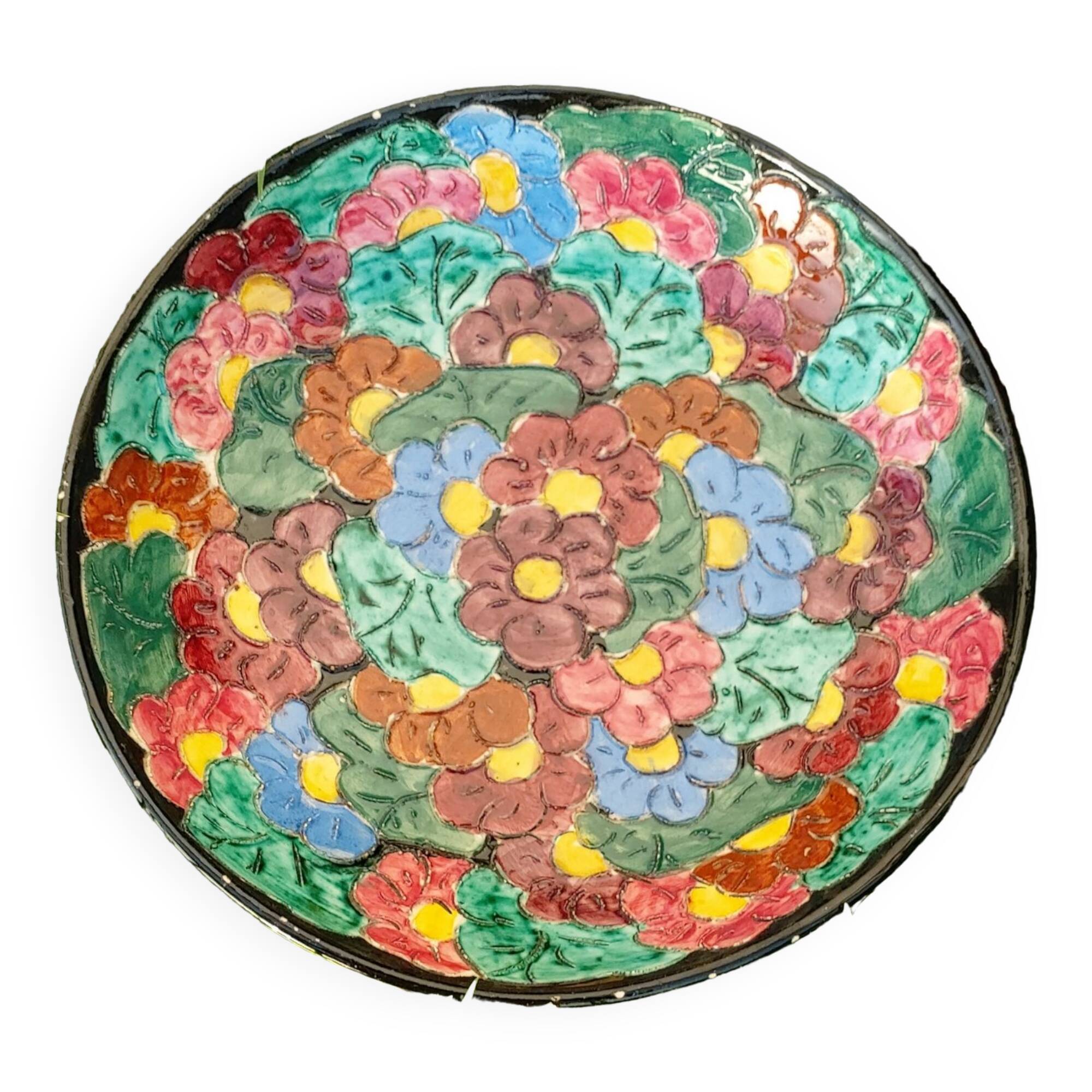 Vallauris flat Stamped numbered enamelled ?decoration of flowers