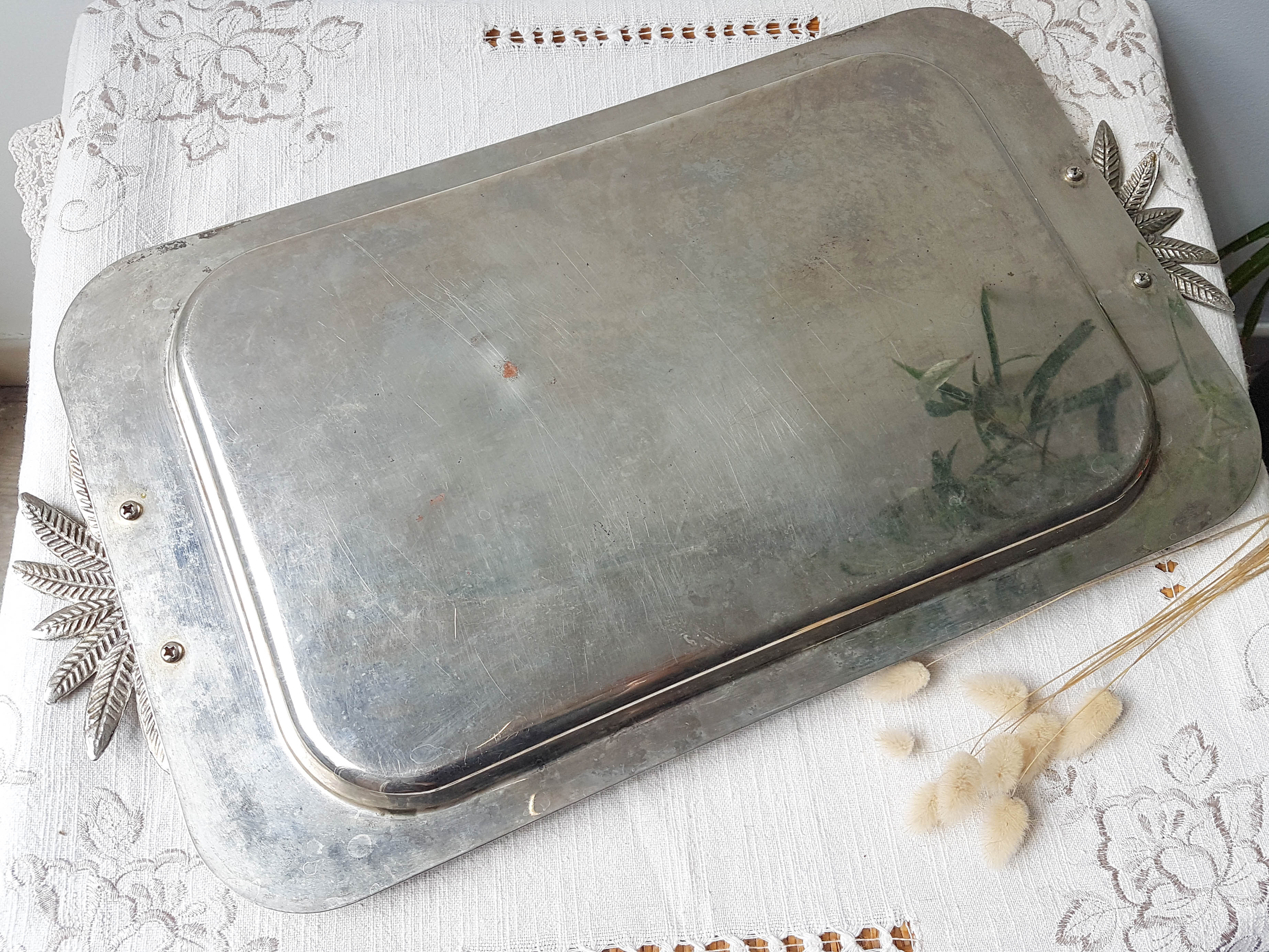 Vintage tray in silver stainless steel and palm tree