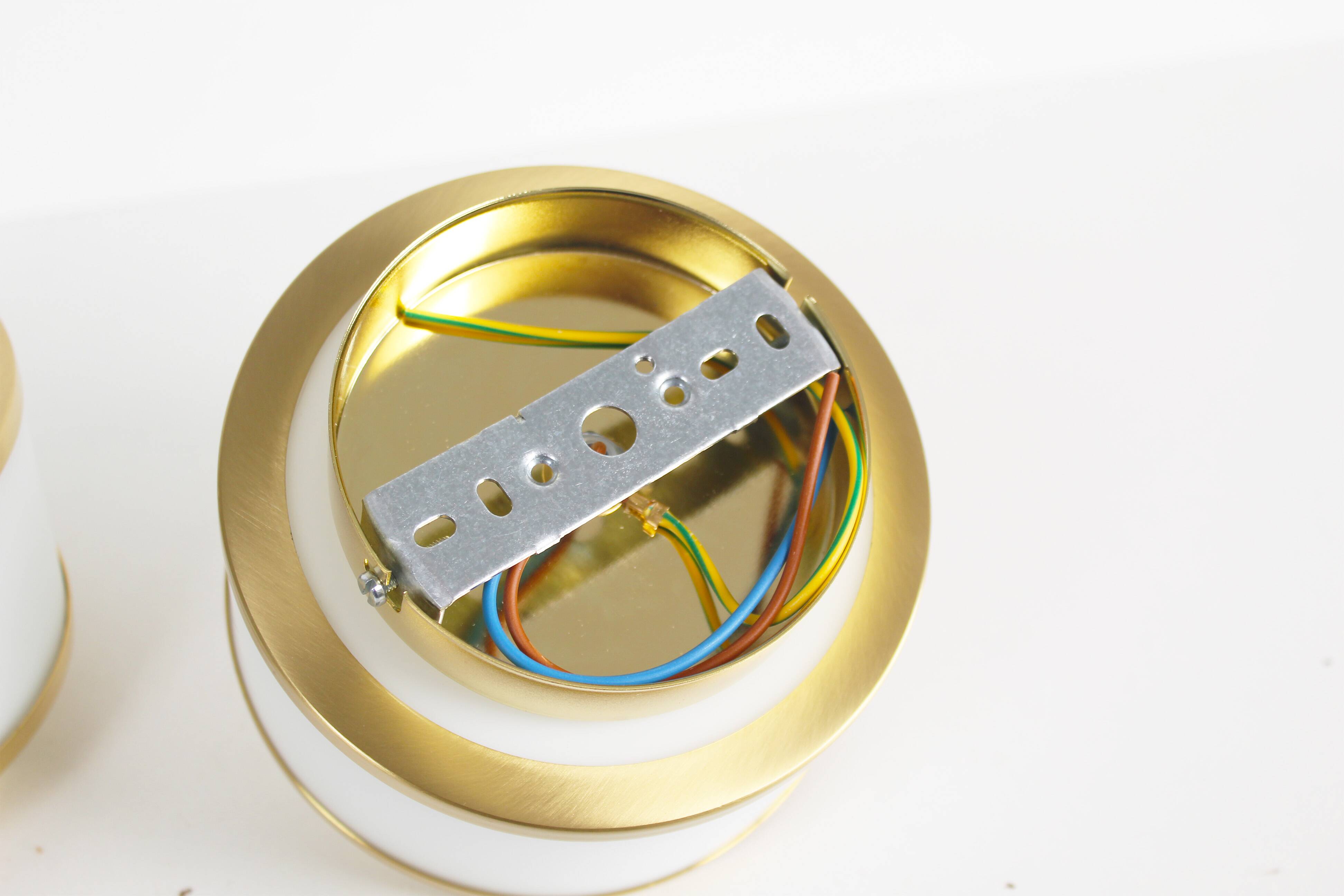 Pair of vintage 1980's opaline glass and brushed brass wall lights