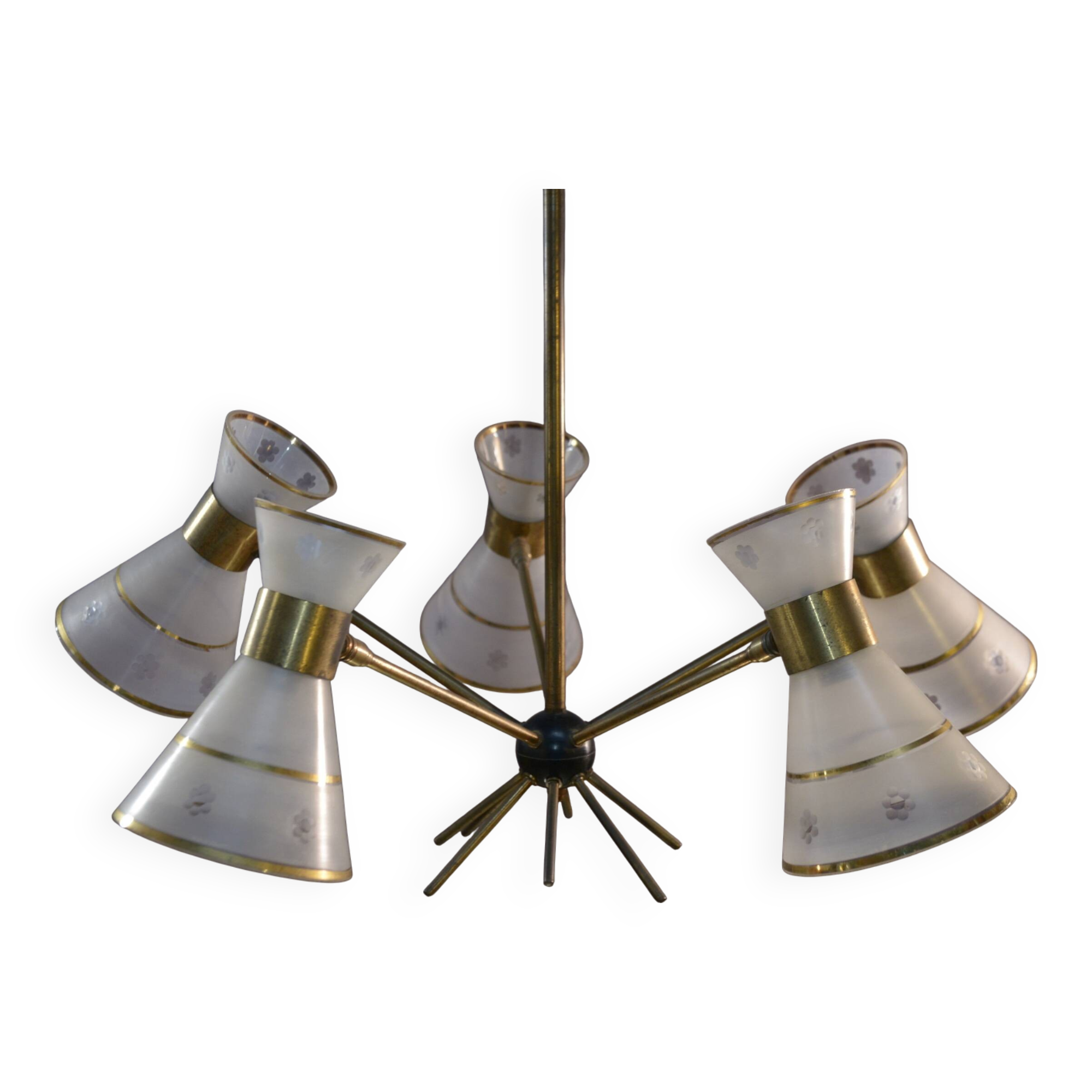 Diabolo design chandelier in frosted and chiseled glass with floral decoration, 1950s
