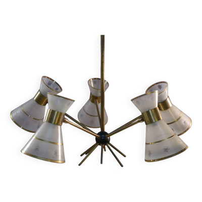 Lustre design diabolo en verre dépoli et ciselé décor floral 1950's