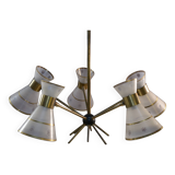 Lustre design diabolo en verre dépoli et ciselé décor floral 1950's