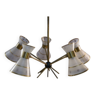 Diabolo design chandelier in frosted and chiseled glass with floral decoration, 1950s