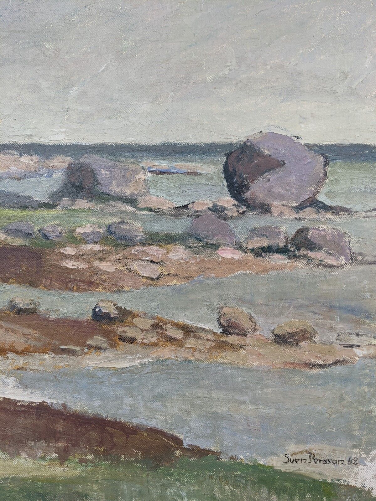 1962 Mid-Century Modern "Rockpools" Swedish Landscape Oil Painting, Framed