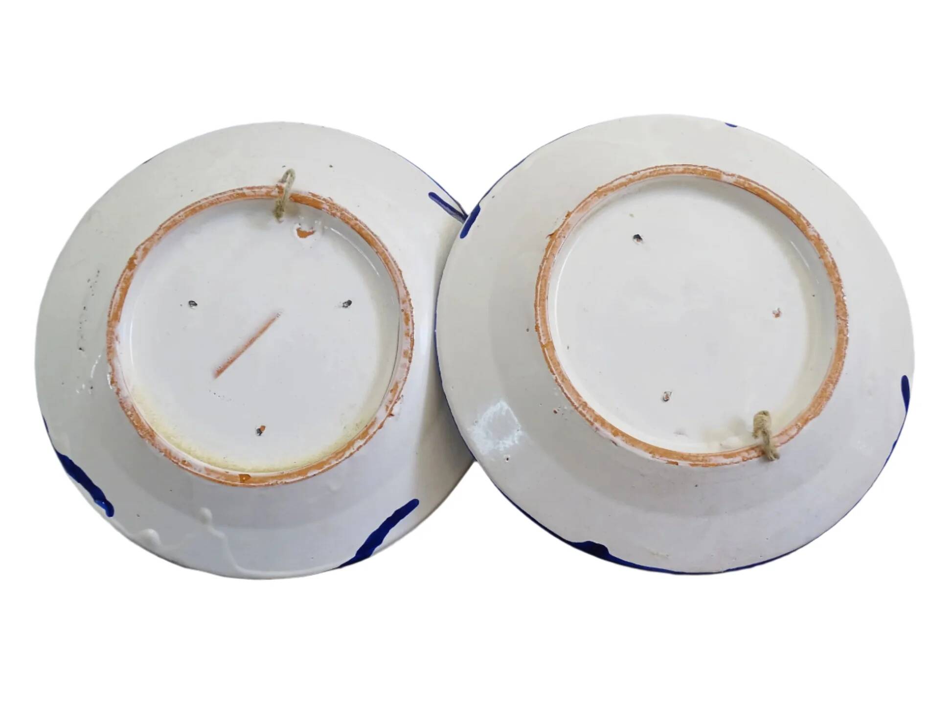 Paire d'assiettes vintage espagnoles en faïence Fajalauza, vertes et bleues.