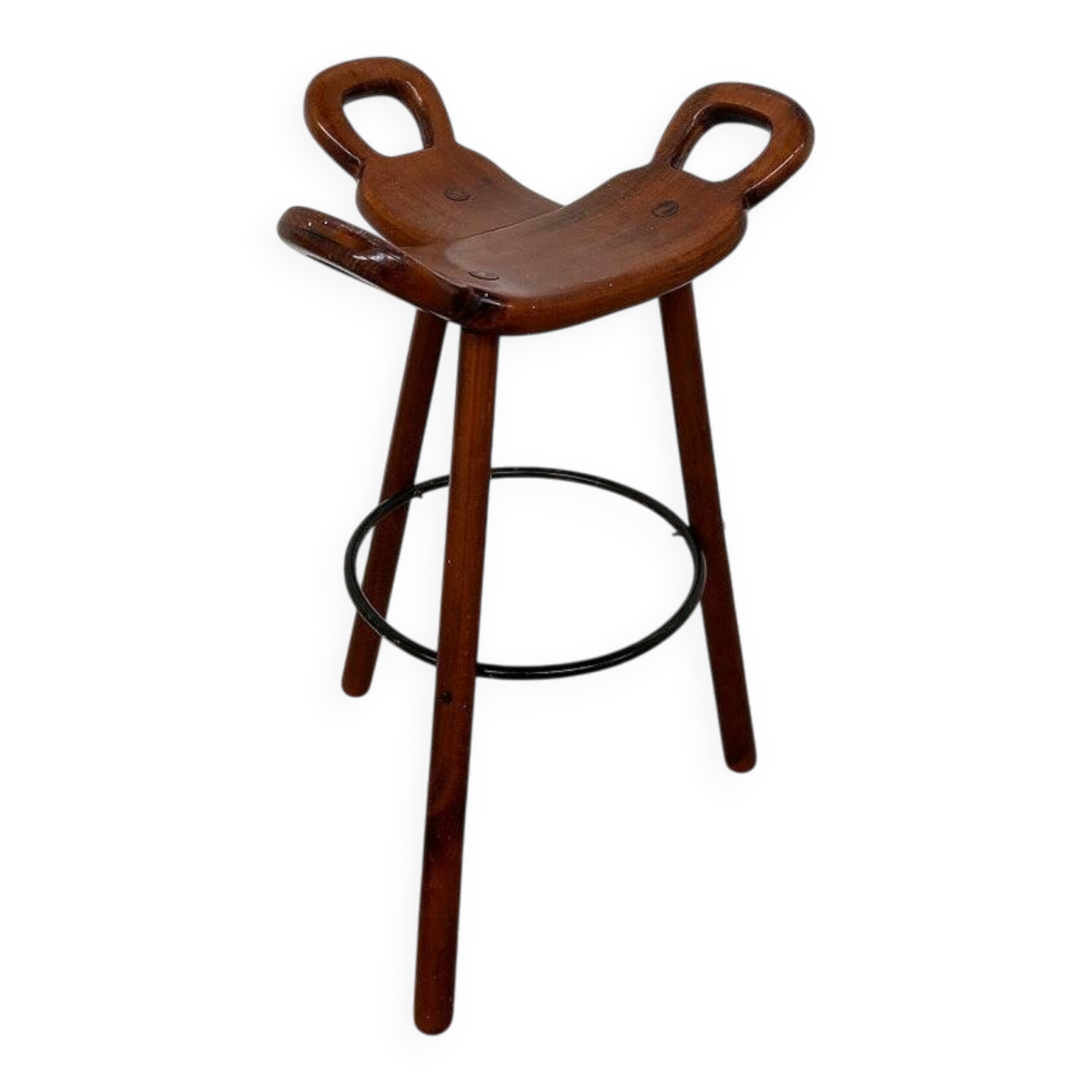 Vintage Sergio Rodrigues style bar stool, solid wood saddle stool, Brazilian modern