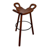 Vintage Sergio Rodrigues style bar stool, solid wood saddle stool, Brazilian modern