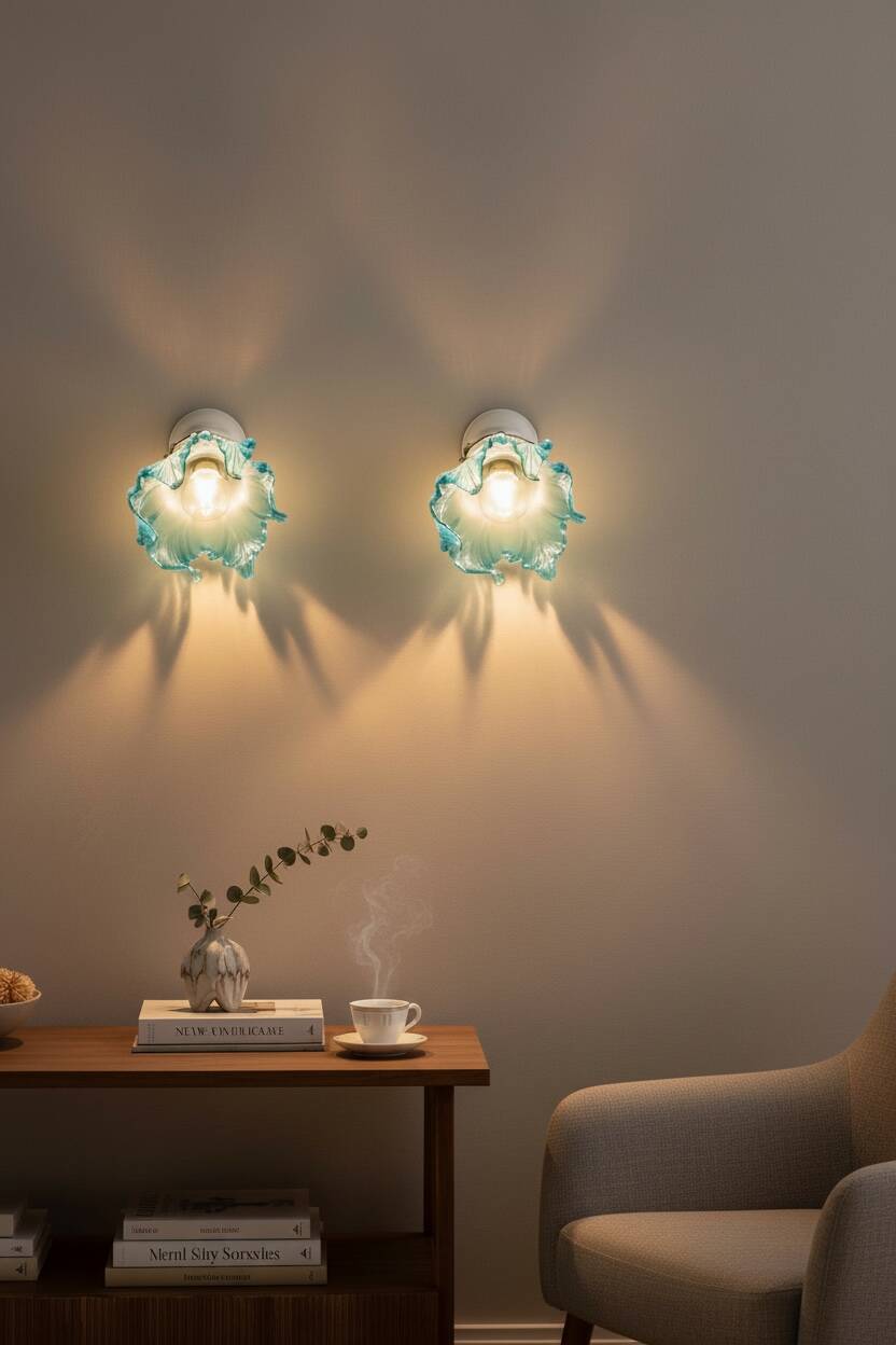 Pair of wall lights with porcelain feet and blue glass tulips in Art Deco style.