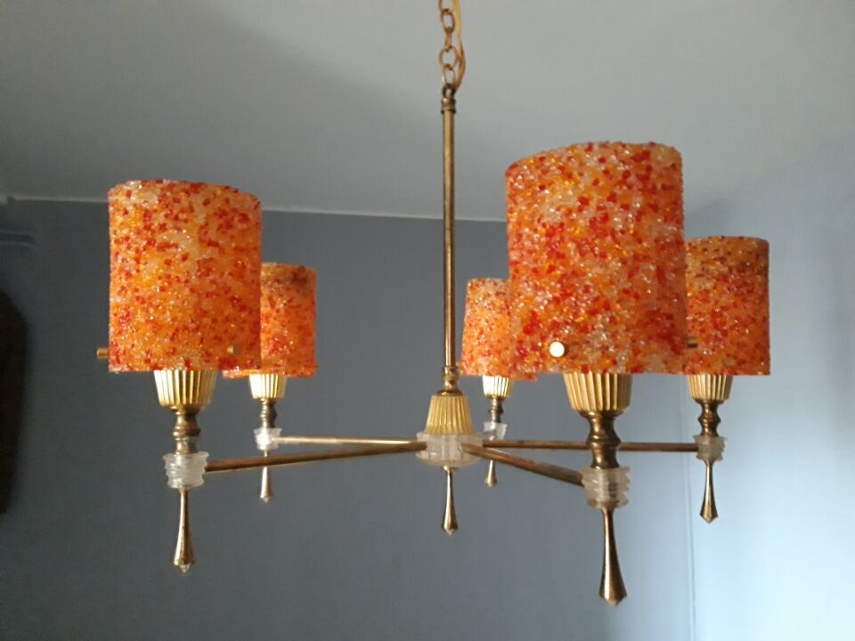 Pendant lamp with 5 tubes of lights in perspex granite orange vintage 60