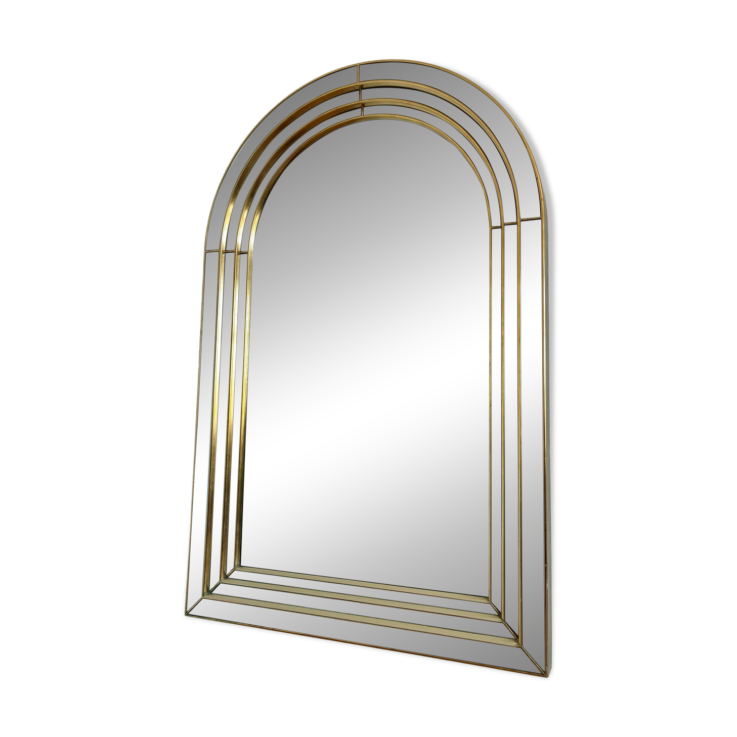 Large vintage Deknudt arched beveled panel mirror – gold, Belgium, 1980s