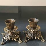 Pair of Jewish/Hebrew Flambeau Candlesticks. Signed Israel. In old gold patinated brass