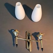 Small two-light wall lamp, white opaline and gilded brass, Circa 1960.