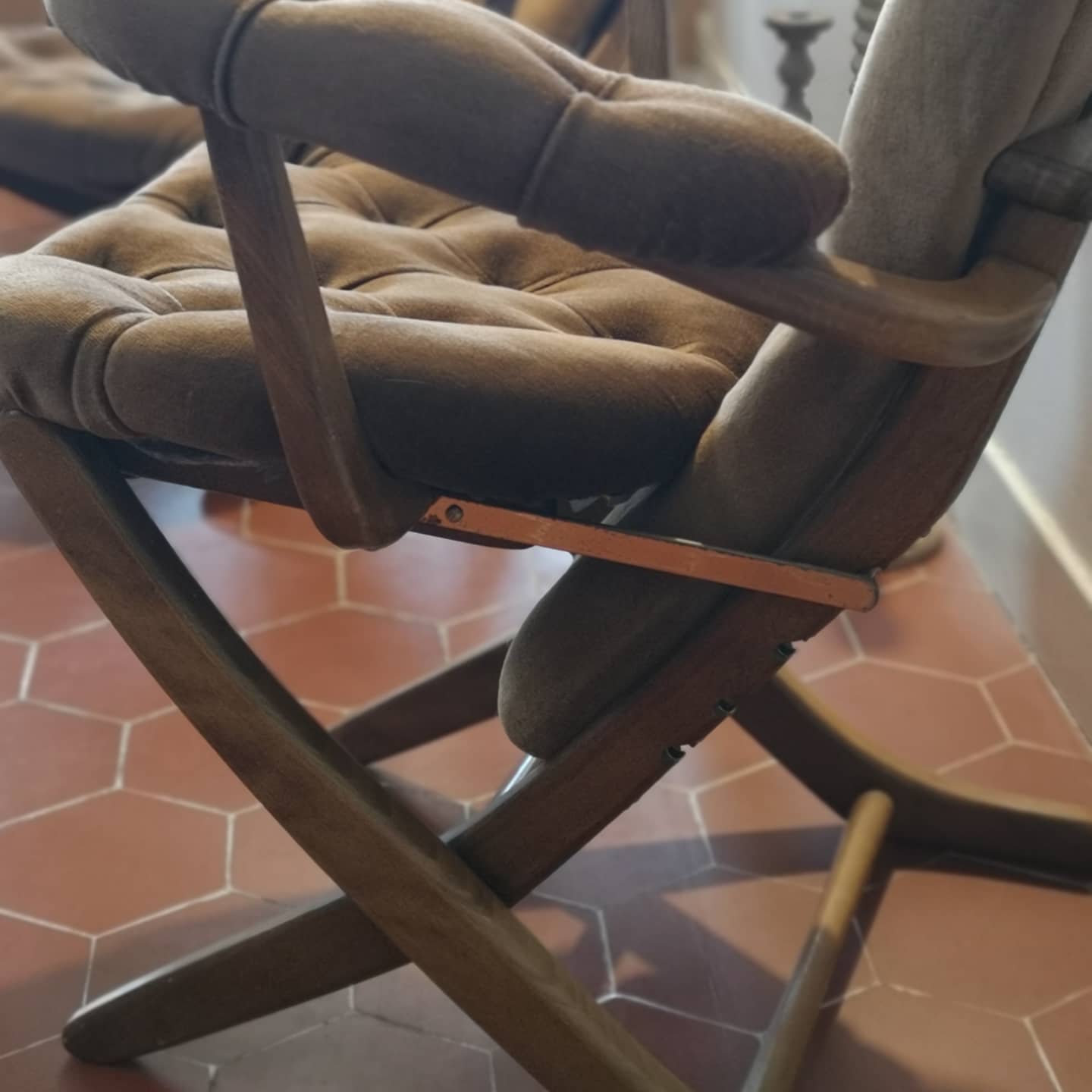 Pair of velvet folding chairs and an ottoman 1950