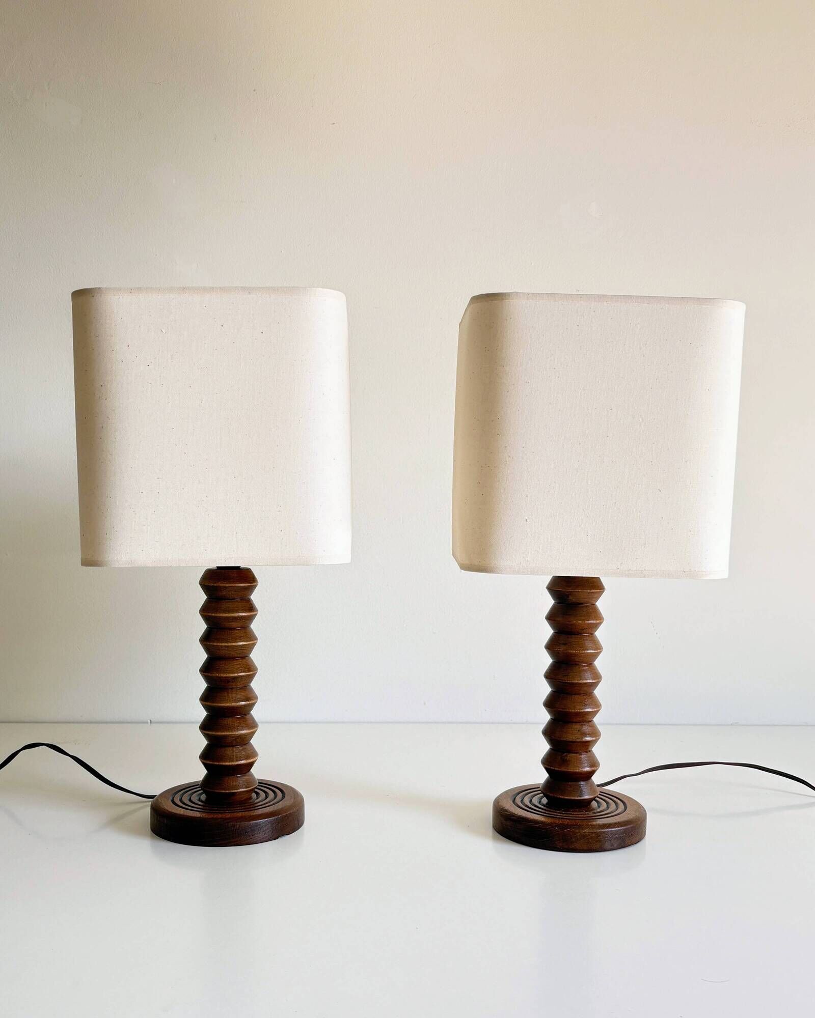 Pair of French Art Deco Wooden Table Lamps Attributed to Charles Dudouyt