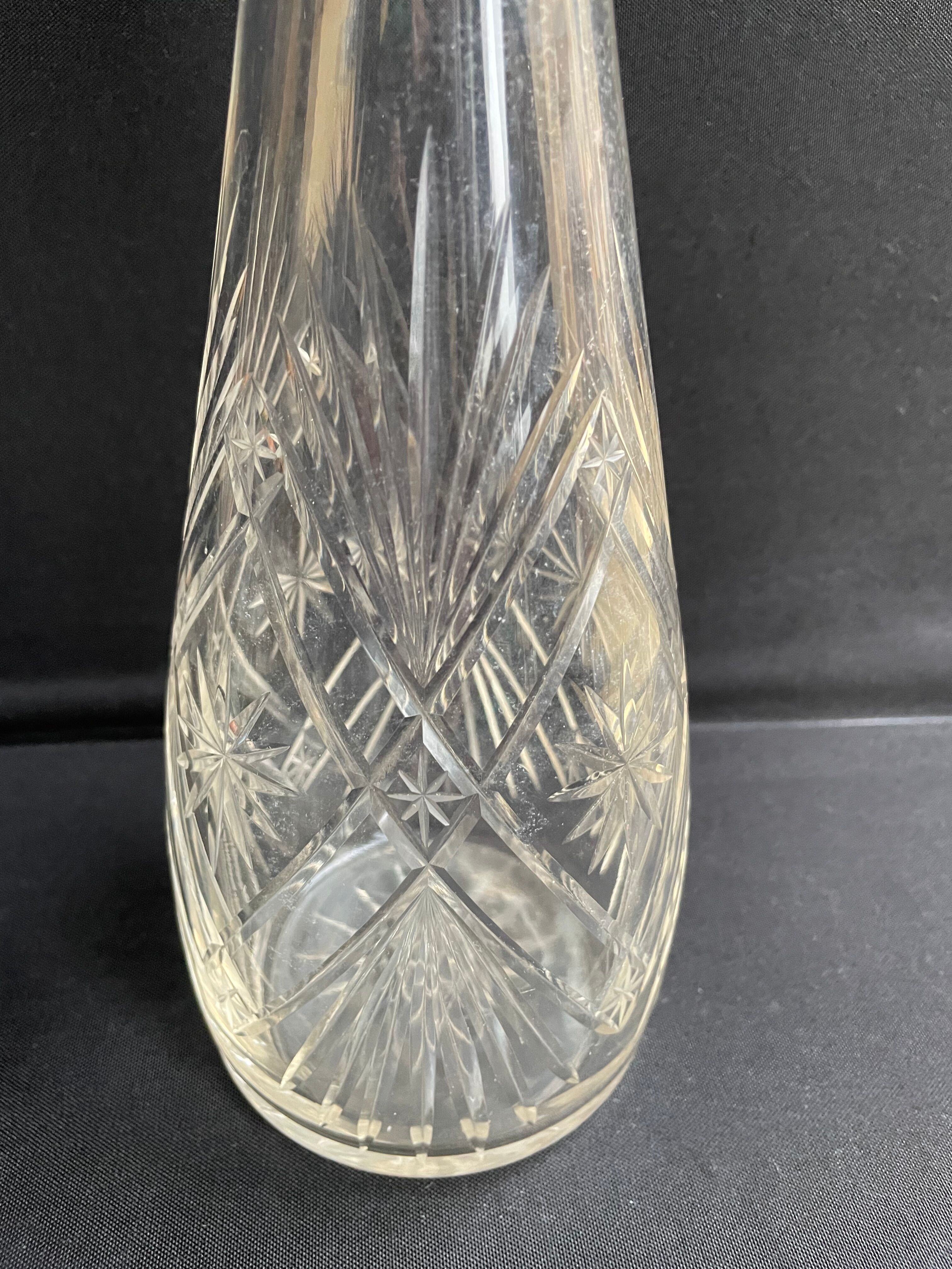 Blown crystal decanter, cut and silver collar