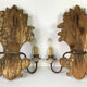 Pair of wall has 2 light wooden carved and patinated flowers decoration