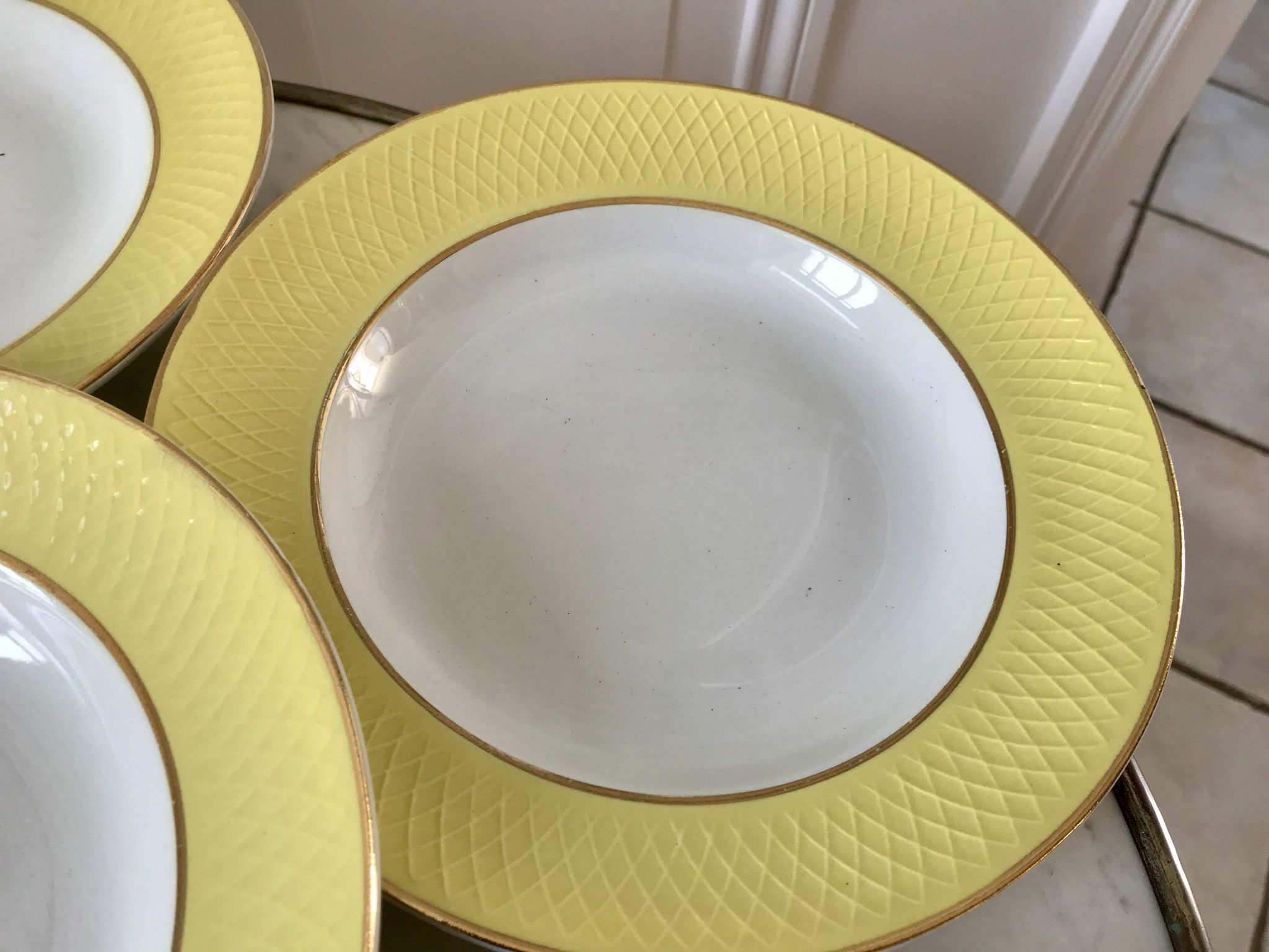 lot of 6 hollow plates Moulin des Loups textured canary yellow 50s
