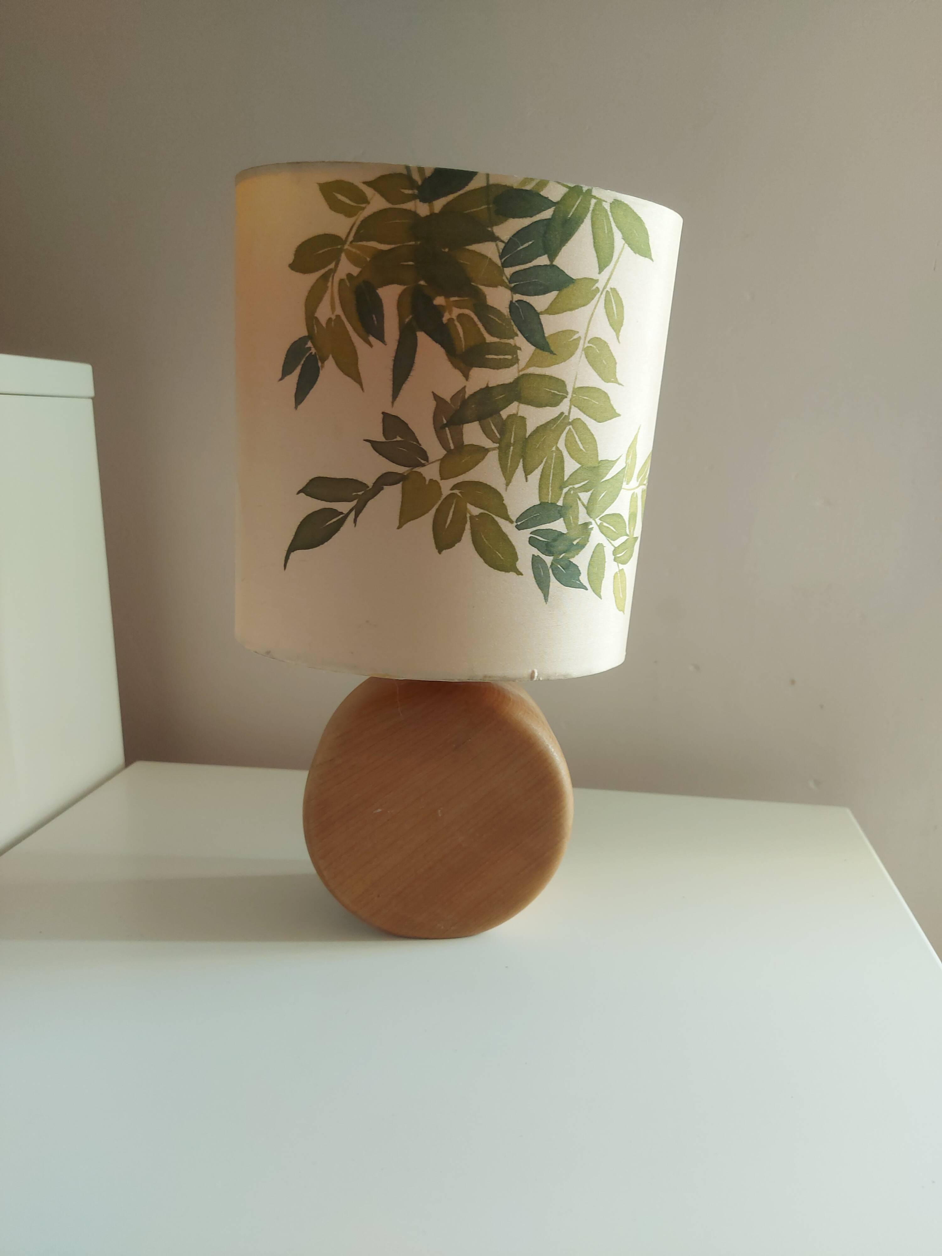 Wooden lamp with silk lampshade, hand painted, signed