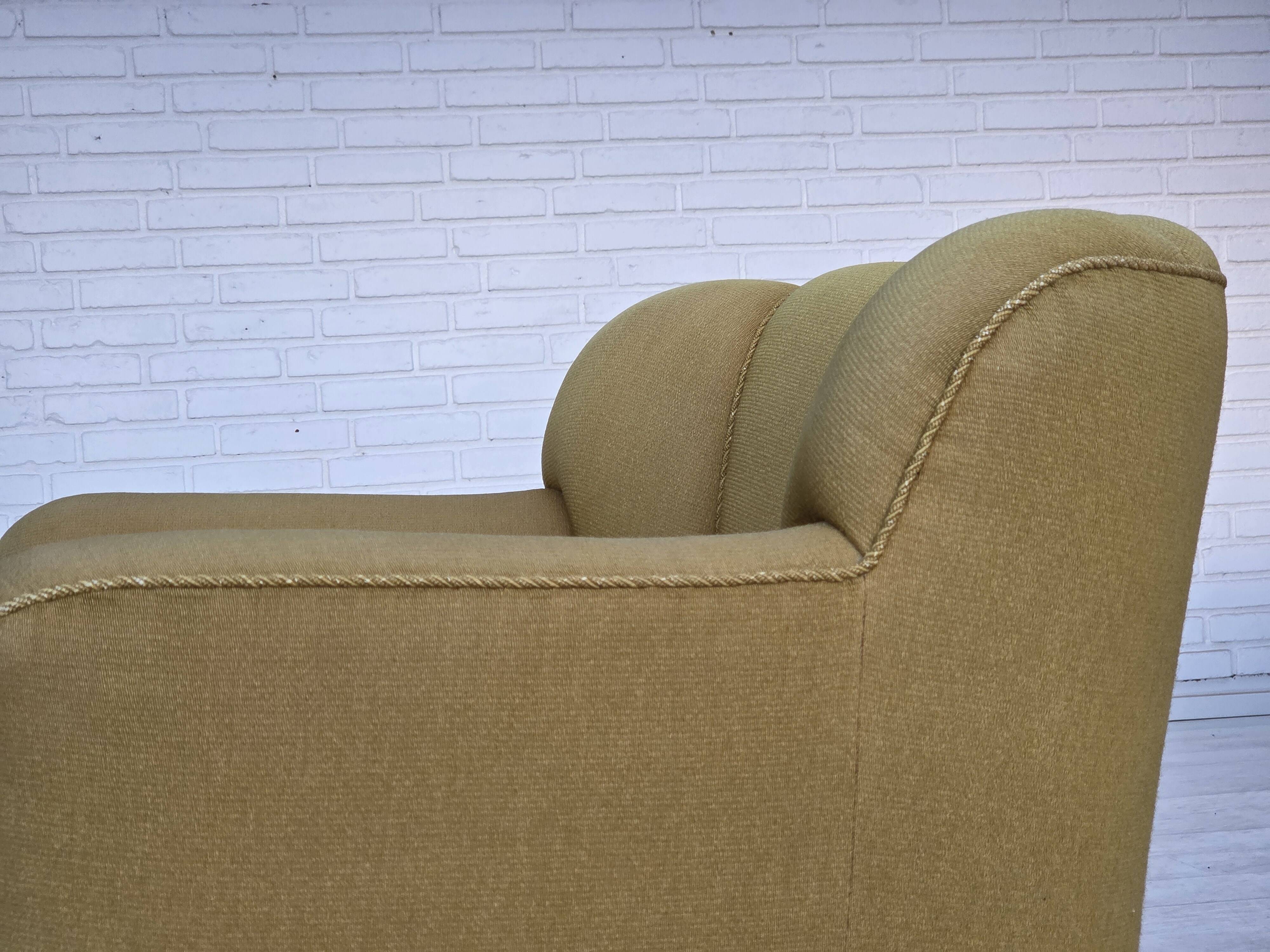 1960s, pair of Danish armchairs, green furniture wool, ash wood legs.