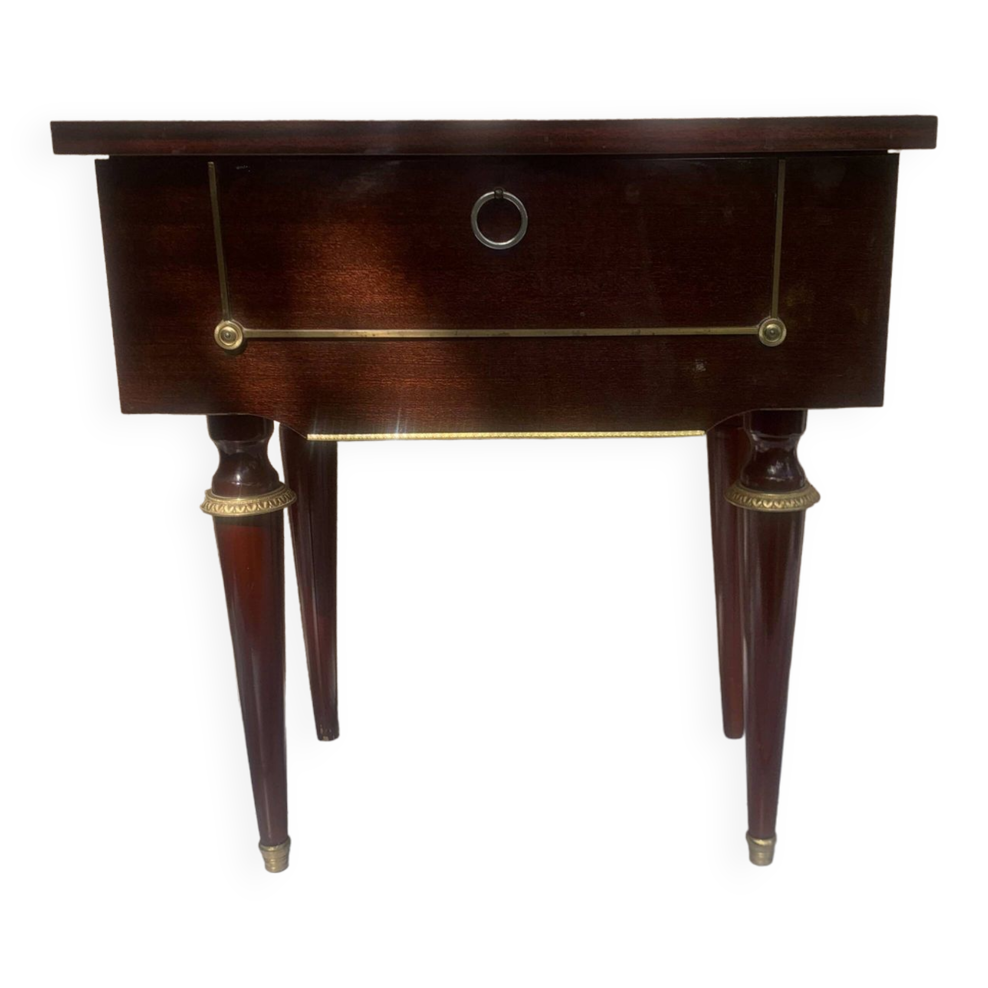 Nightstand with lovely mid-century style gold metal decor.