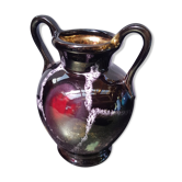 Ancien vase à anses céramique noir col doré années 70 vintage
