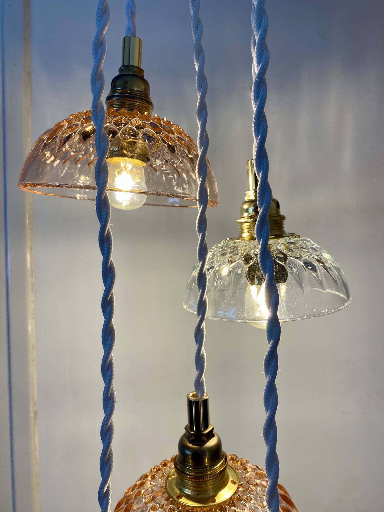 5-light waterfall pendant light with vintage pink and transparent glass shades