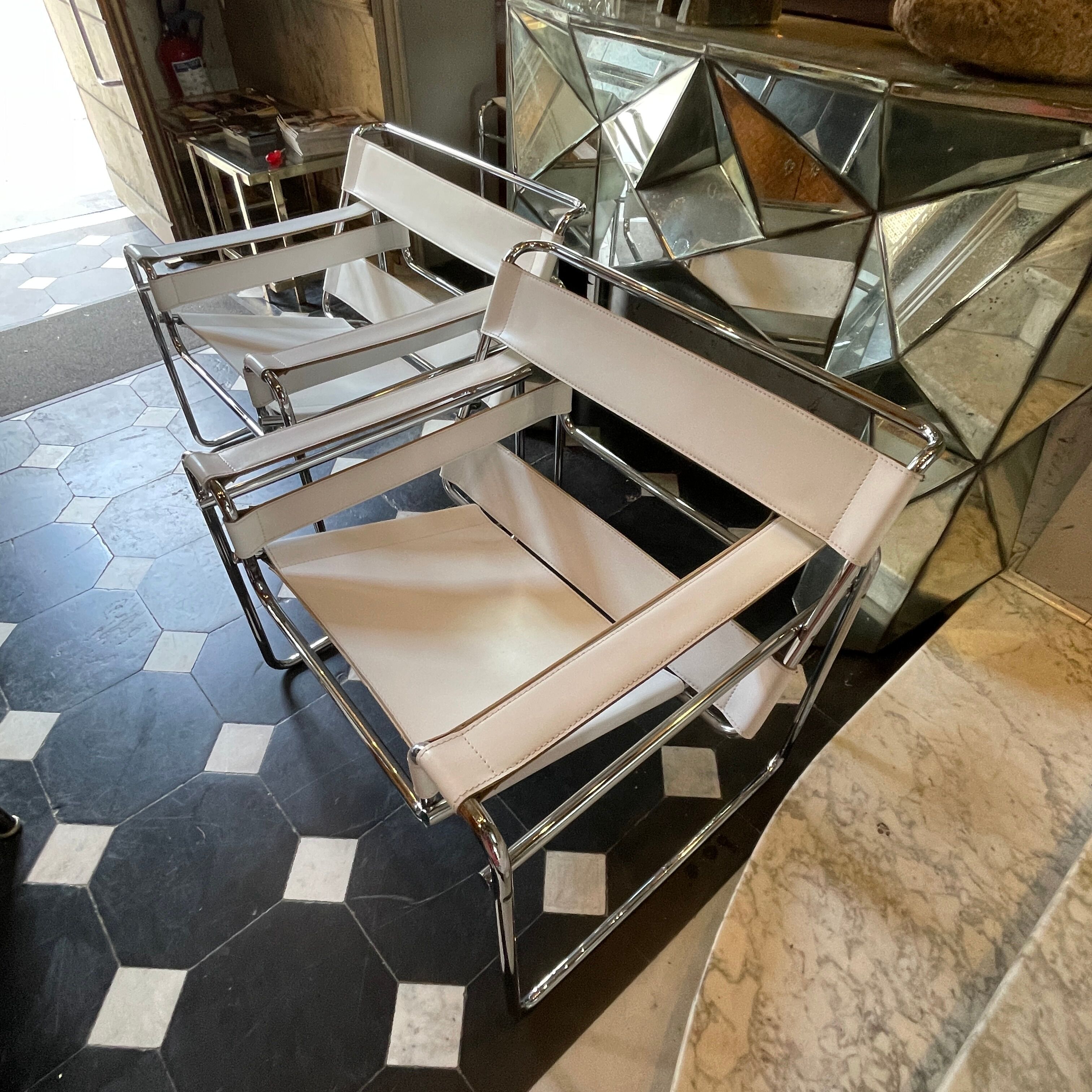 Pair of leather and steel armchairs by marcel breuer for gavina, " wassily b3 "