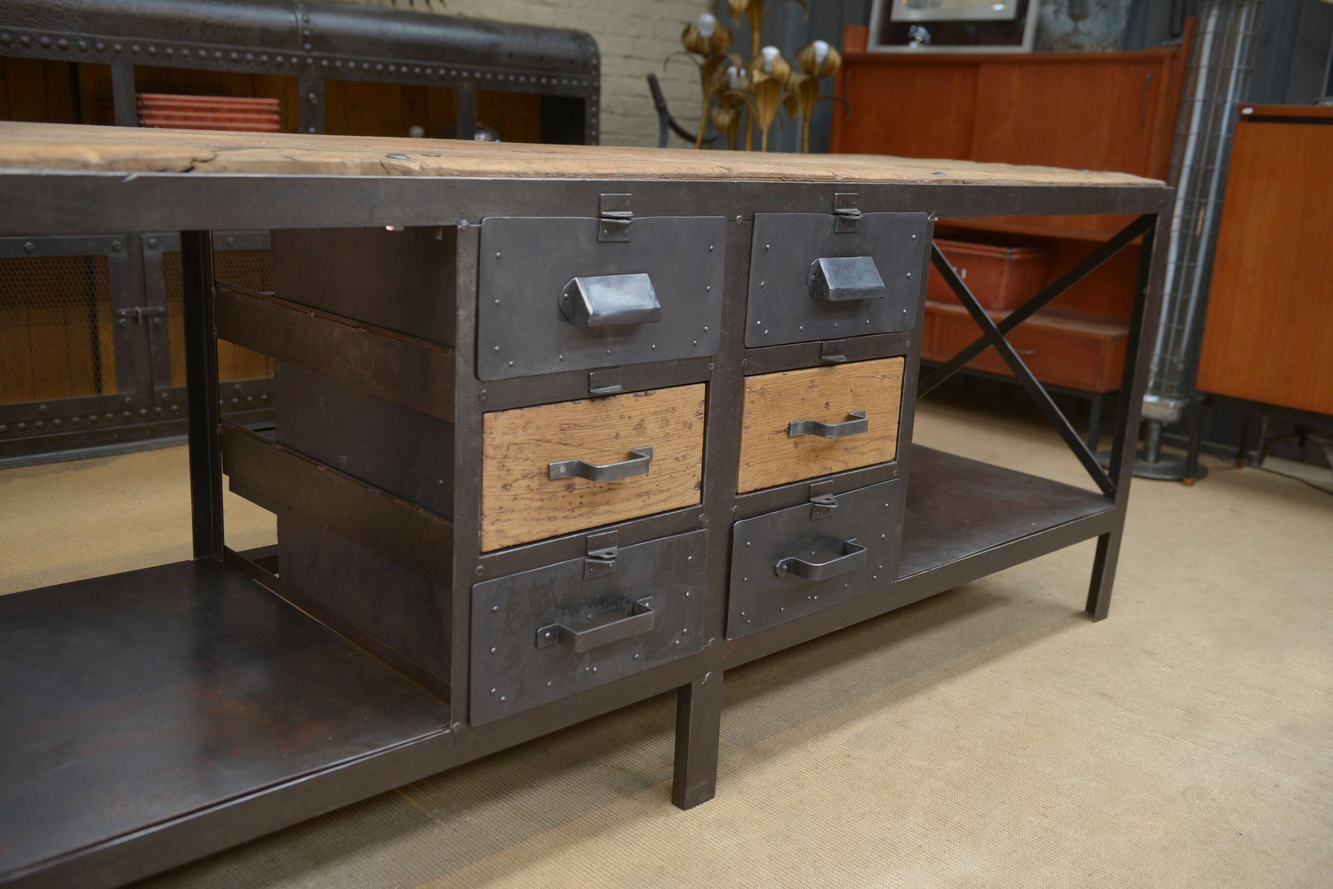 Industrial sideboard from metal and wood factory 1950