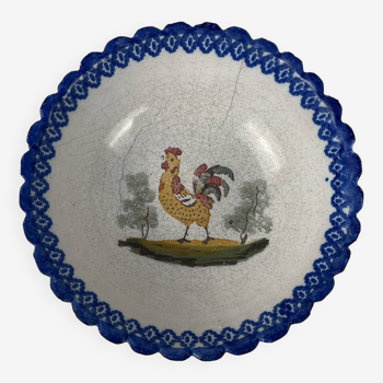 Regional earthenware small hollow dish decorated with 20th century rooster