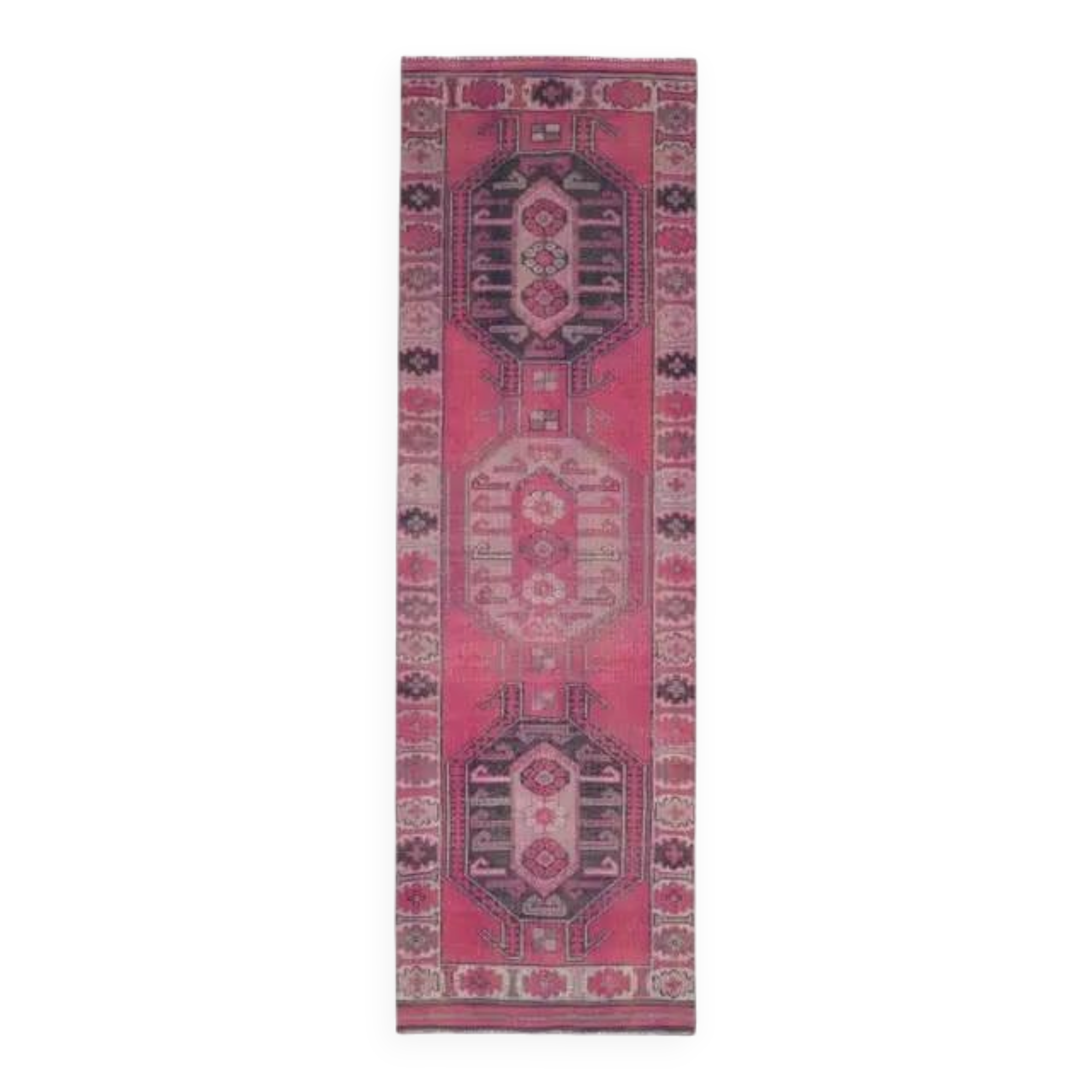 Vintage Turkish Hand-Knotted Wool Cotton Pink Runner Rug 104x351